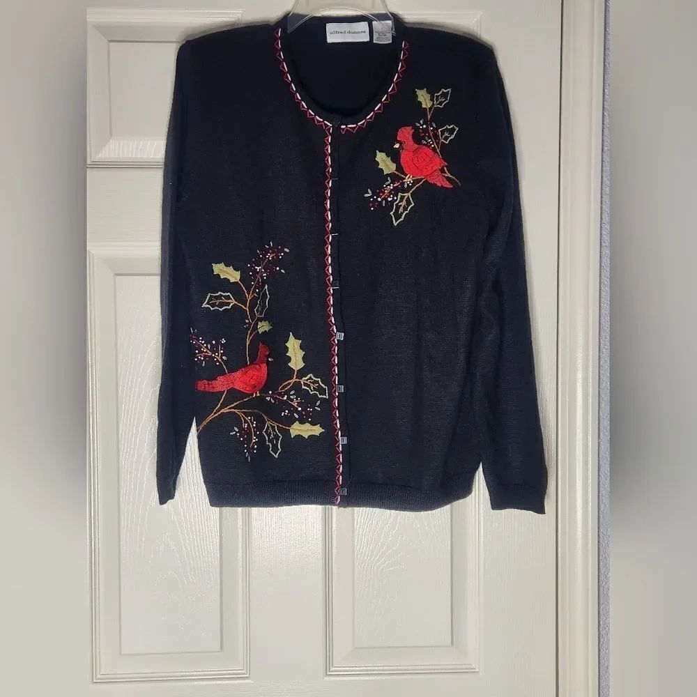 Vtg Alfred Dunner L Black WOOL Blend Embroidered Birds Buttons Up Women Cardigan